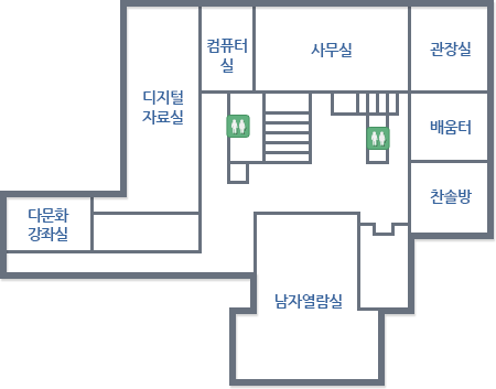 지상2층 - 계단에서 시계반대방향으로 사무실, 컴퓨터실, 디지털 자료실, 다문화 강좌실, 남자열람실, 찬솔방, 배움터, 관장실 위치